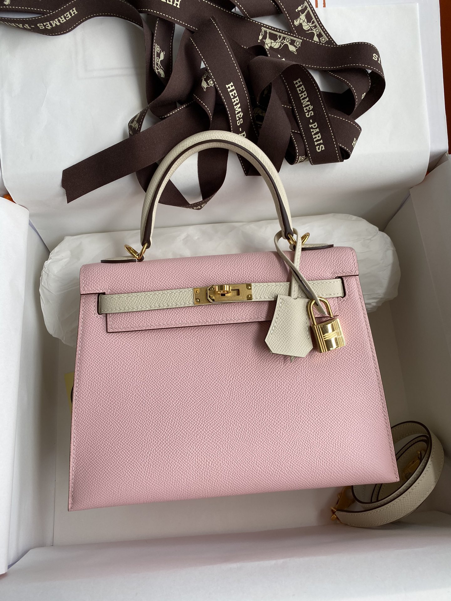 Hermes Kelly 25cm Handbag Shoulder Bag in Pink White Epsom Leather